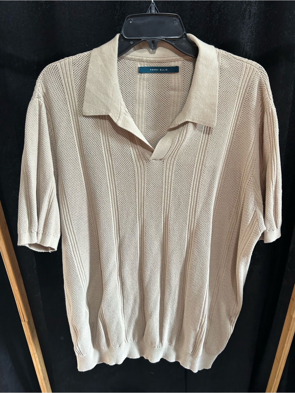 Perry Ellis Men's Beige Knit Polo with Textured Vertical Rib